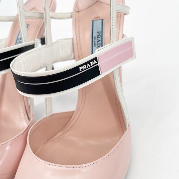 Prada Pink White Brushed Leather Logo Strap Slingback Cap Toe Heels IT 40 - Picture 12 of 16